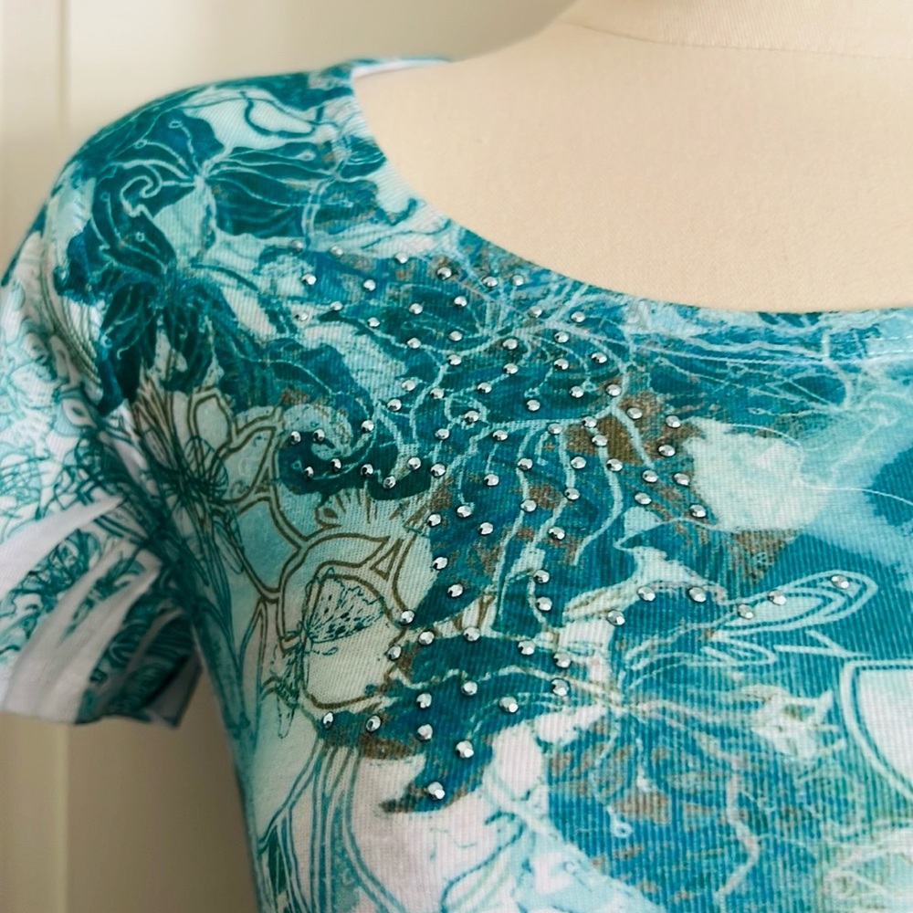 Style & Co / Teal & White~Floral Design Top With Embellishment - Picture 2 of 9